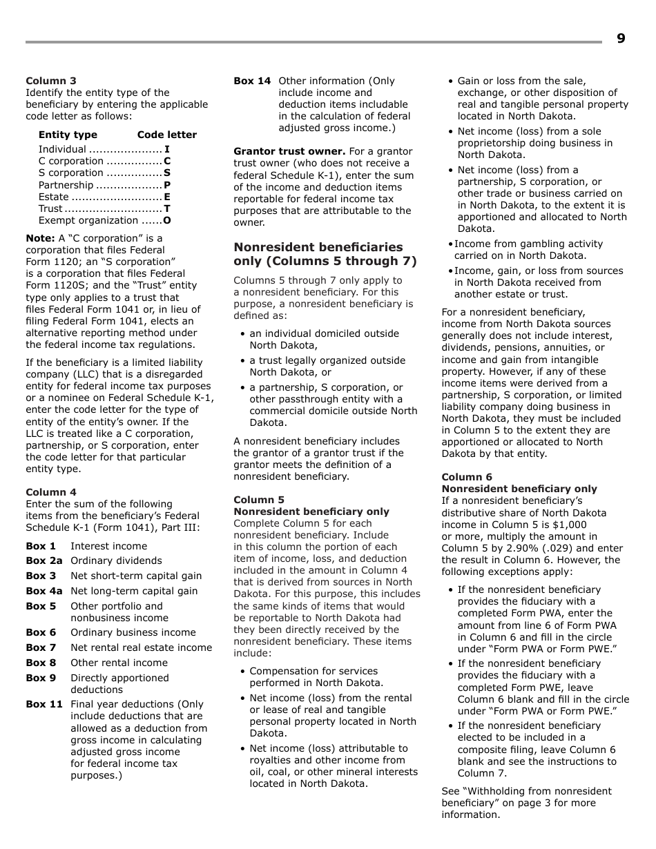Instructions for Form 38, SFN28707 Fiduciary Income Tax Return - North Dakota, Page 11