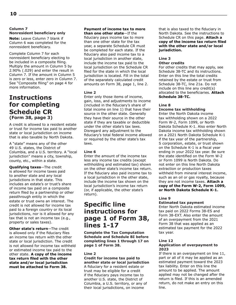 Instructions for Form 38, SFN28707 Fiduciary Income Tax Return - North Dakota, Page 12