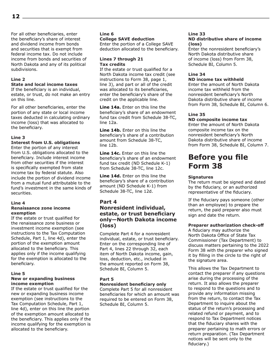Instructions for Form 38, SFN28707 Fiduciary Income Tax Return - North Dakota, Page 14