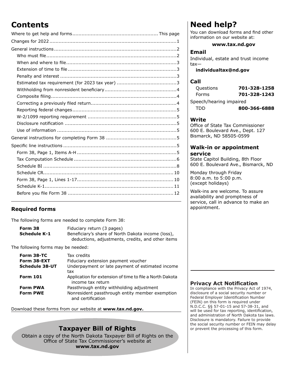 Instructions for Form 38, SFN28707 Fiduciary Income Tax Return - North Dakota, Page 2