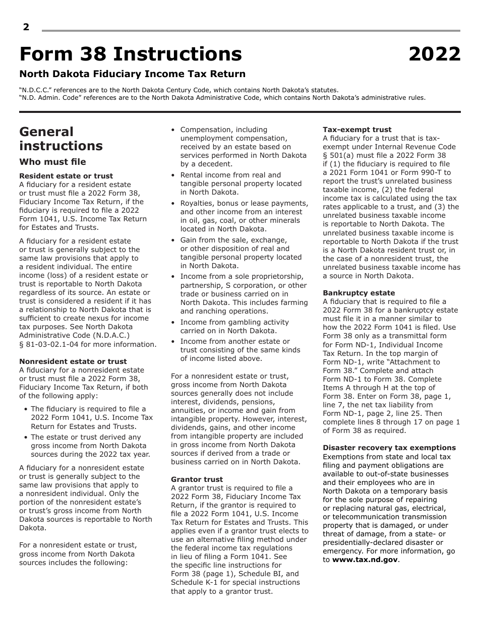 Instructions for Form 38, SFN28707 Fiduciary Income Tax Return - North Dakota, Page 4