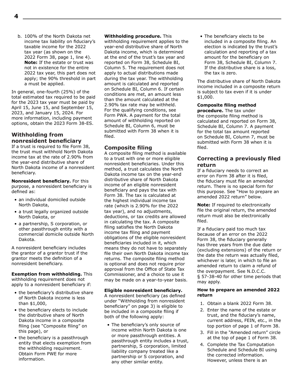 Instructions for Form 38, SFN28707 Fiduciary Income Tax Return - North Dakota, Page 6