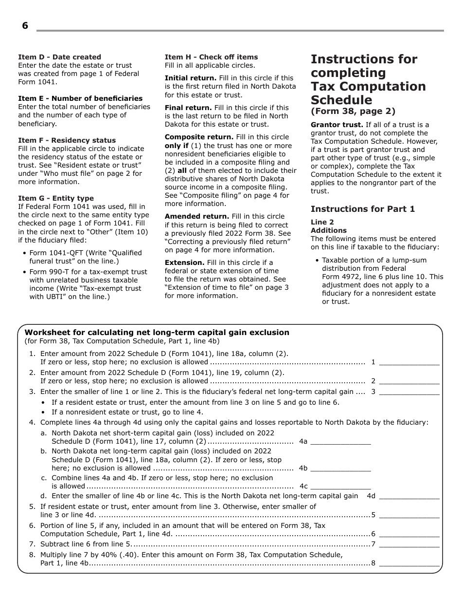 Instructions for Form 38, SFN28707 Fiduciary Income Tax Return - North Dakota, Page 8