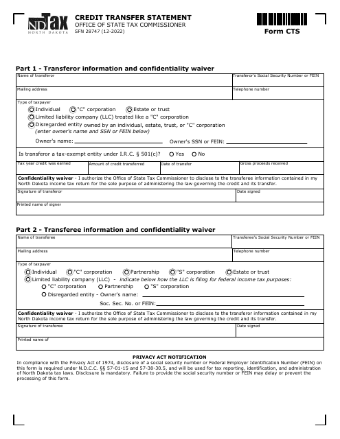 Form CTS (SFN28747) Credit Transfer Statement - North Dakota