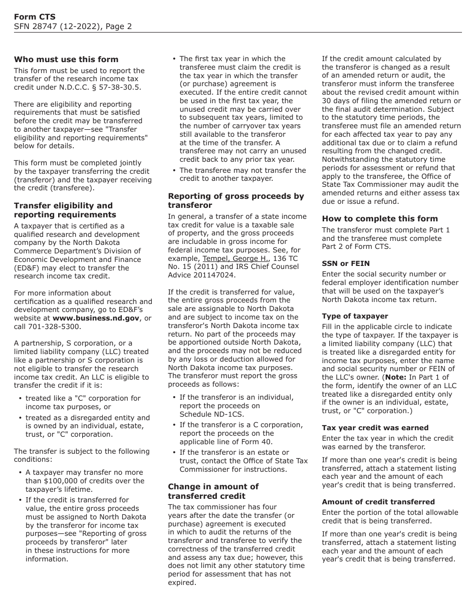 Form CTS (SFN28747) Credit Transfer Statement - North Dakota, Page 2