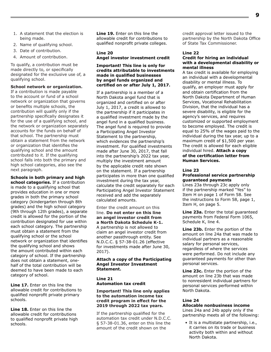 Instructions for Form 58, SFN28703 Partnership Income Tax Return - North Dakota, Page 11