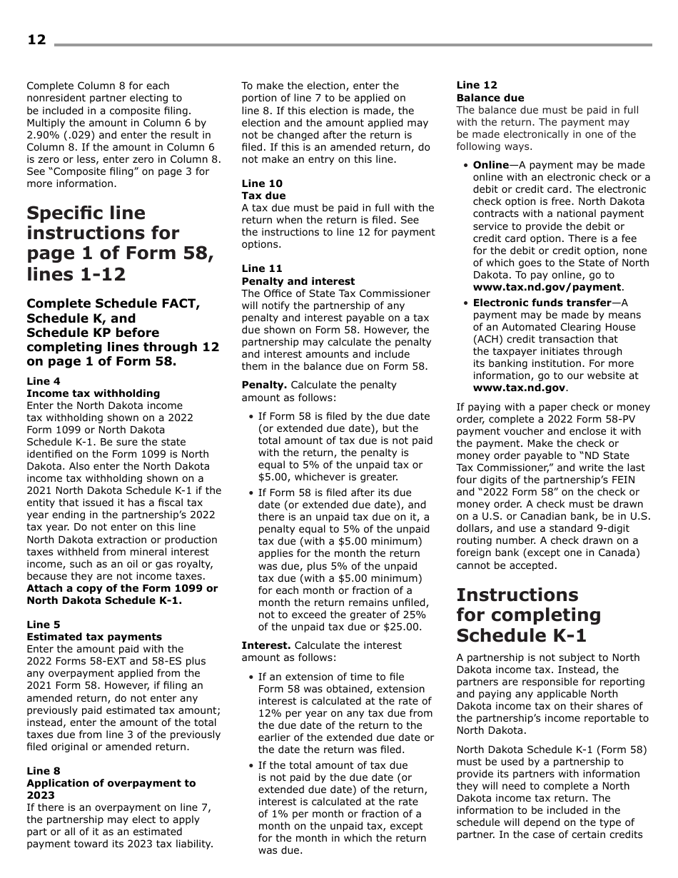 Instructions for Form 58, SFN28703 Partnership Income Tax Return - North Dakota, Page 14