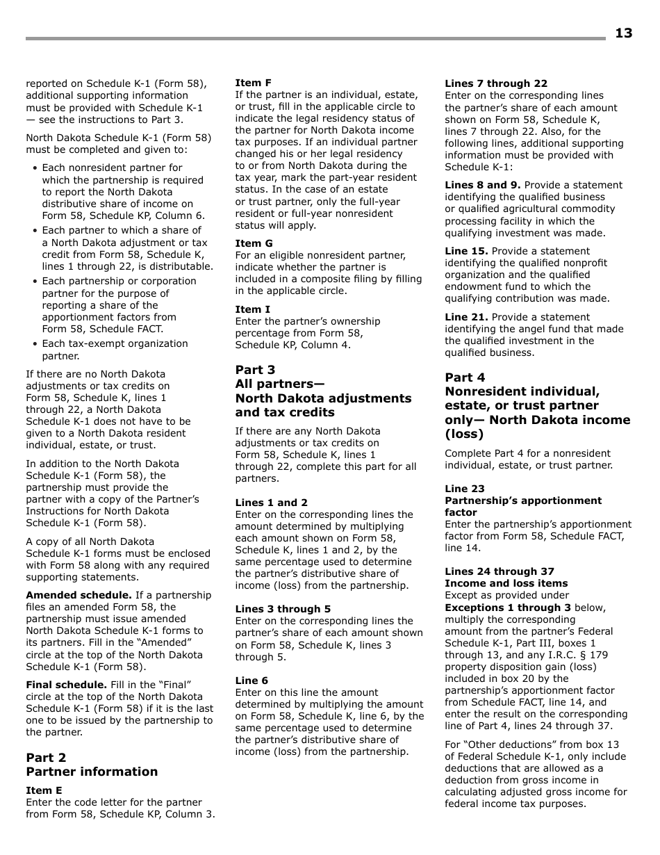 Instructions for Form 58, SFN28703 Partnership Income Tax Return - North Dakota, Page 15