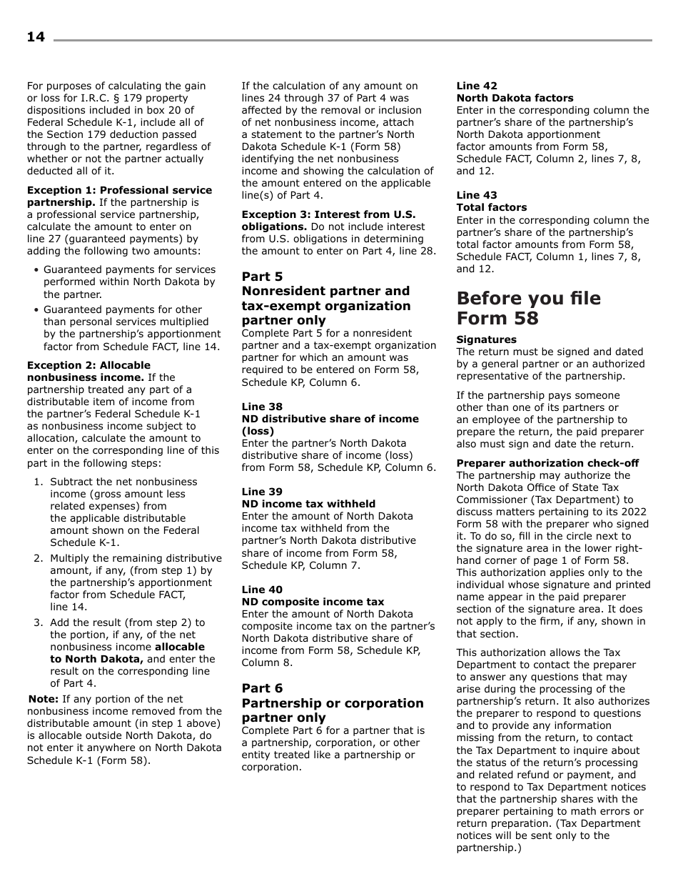 Instructions for Form 58, SFN28703 Partnership Income Tax Return - North Dakota, Page 16
