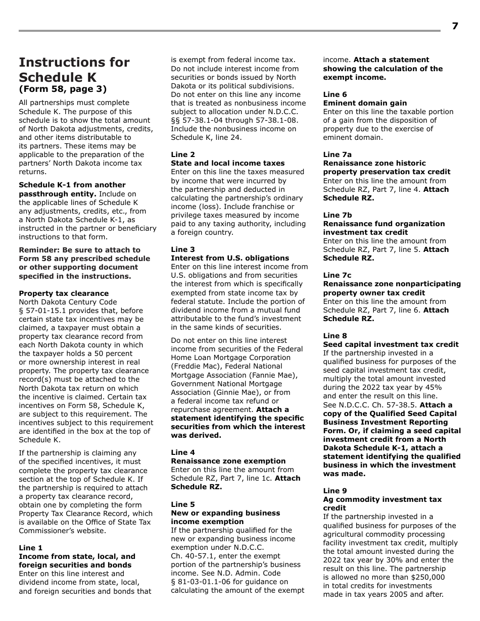 Instructions for Form 58, SFN28703 Partnership Income Tax Return - North Dakota, Page 9