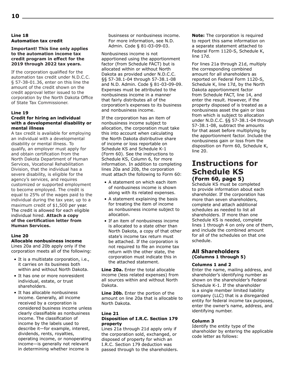 Instructions for Form 60, SFN28717 S Corporation Income Tax Return - North Dakota, Page 12