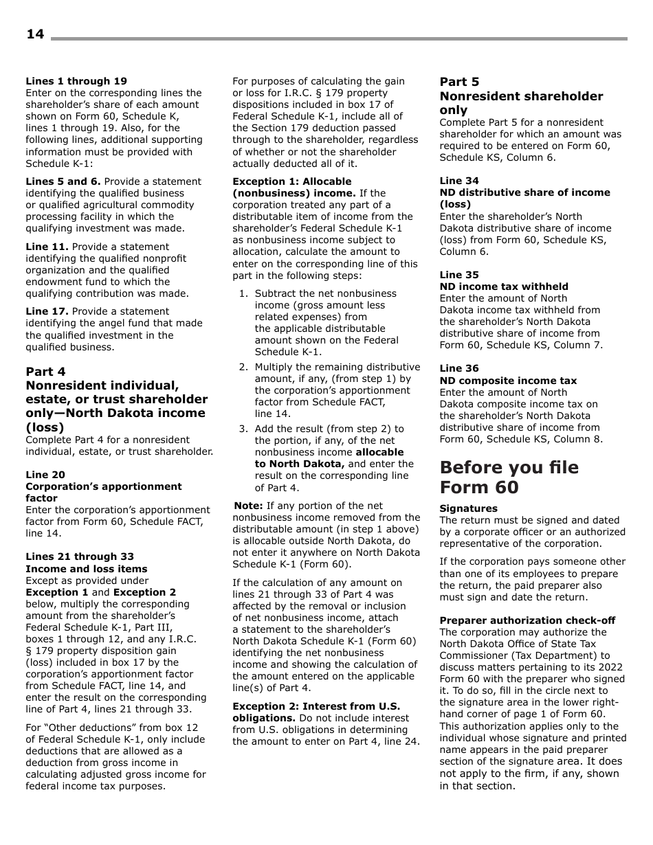 Instructions for Form 60, SFN28717 S Corporation Income Tax Return - North Dakota, Page 16