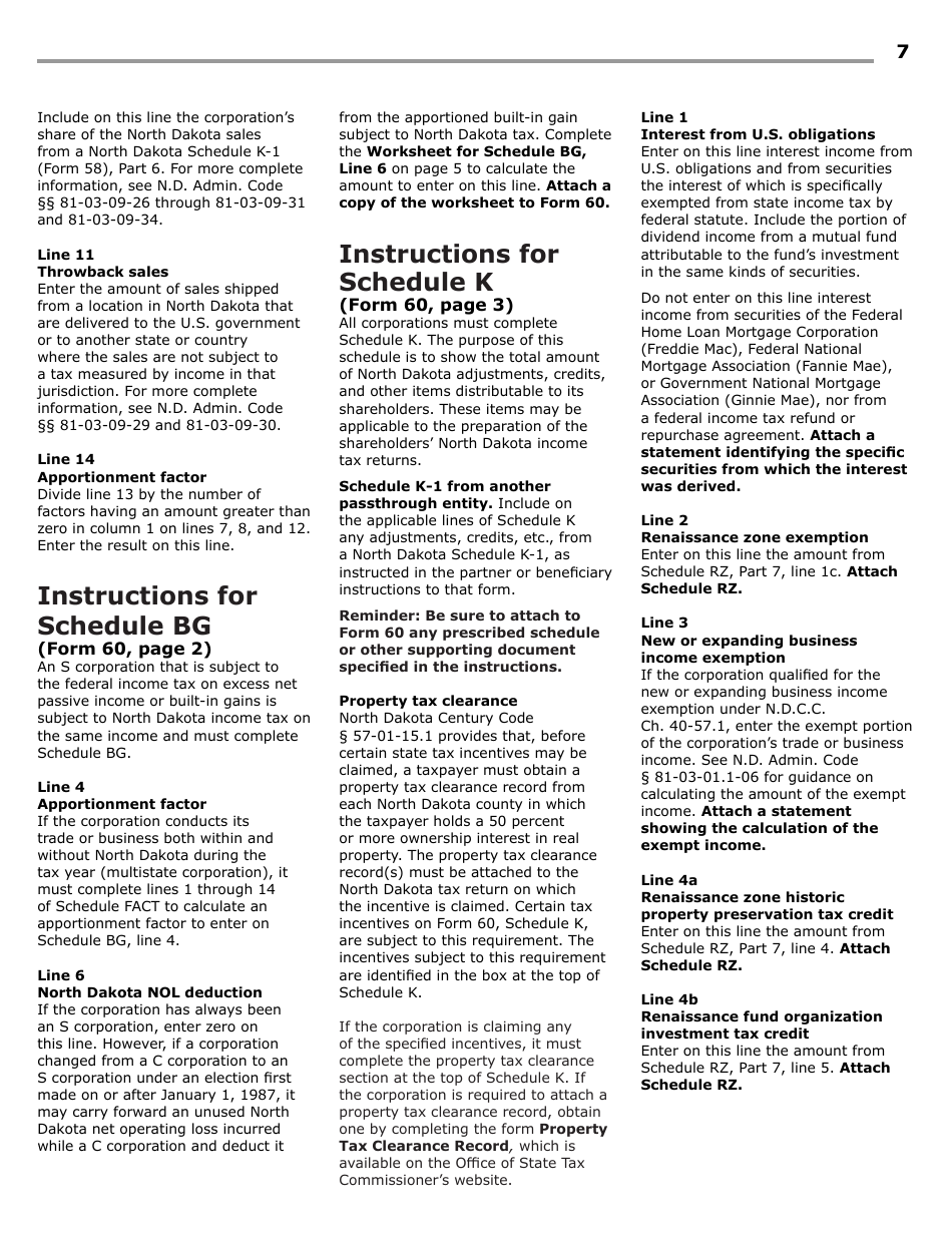 Instructions for Form 60, SFN28717 S Corporation Income Tax Return - North Dakota, Page 9
