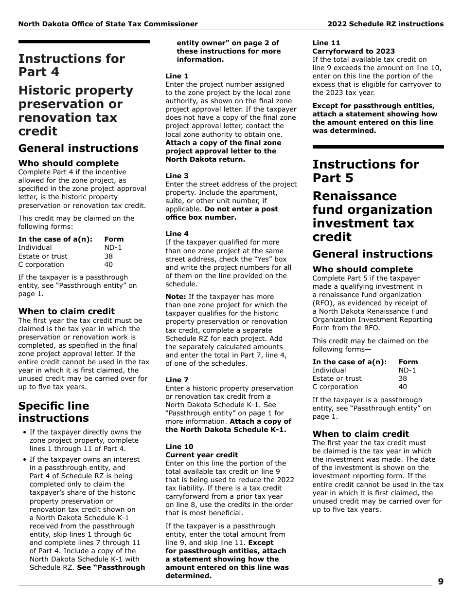 Instructions for Form SFN28706 Schedule RZ Renaissance Zone Income Exemption and Tax Credits - North Dakota, Page 11