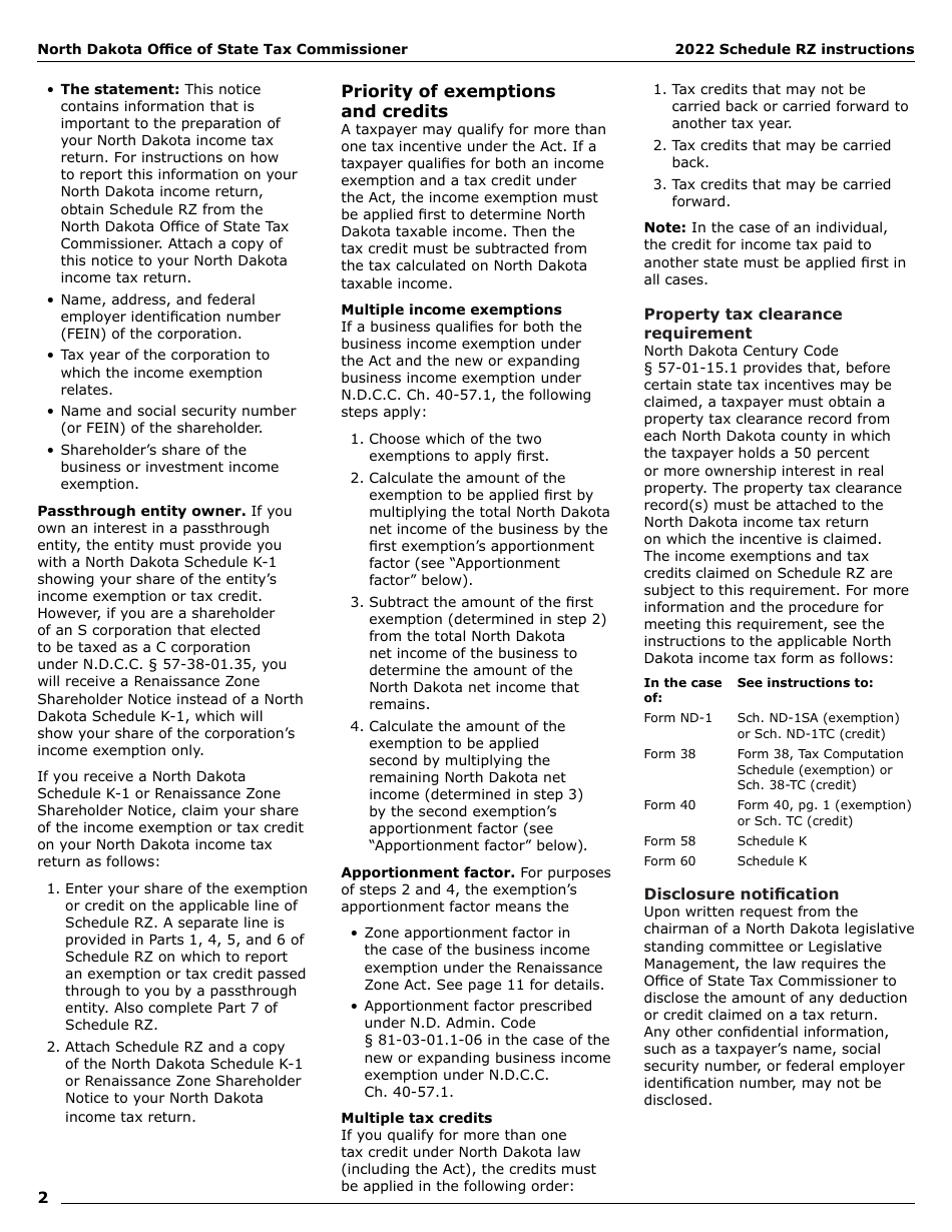 Instructions for Form SFN28706 Schedule RZ Renaissance Zone Income Exemption and Tax Credits - North Dakota, Page 4
