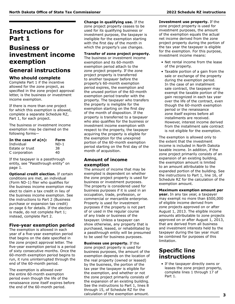 Instructions for Form SFN28706 Schedule RZ Renaissance Zone Income Exemption and Tax Credits - North Dakota, Page 5