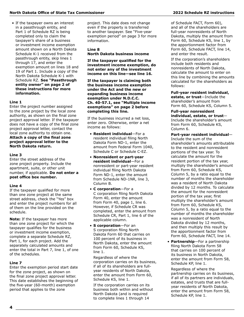 Instructions for Form SFN28706 Schedule RZ Renaissance Zone Income Exemption and Tax Credits - North Dakota, Page 6