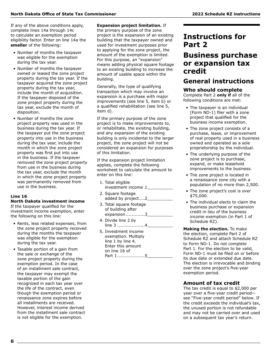 Instructions for Form SFN28706 Schedule RZ Renaissance Zone Income Exemption and Tax Credits - North Dakota, Page 8