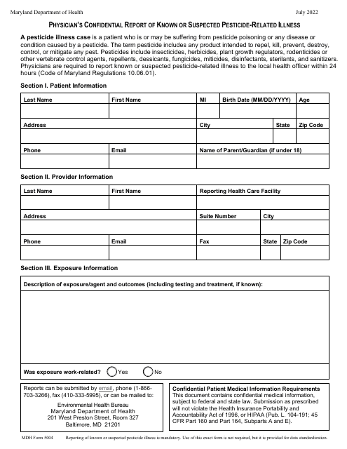 MDH Form 5004 Physician's Confidential Report of Known or Suspected Pesticide-Related Illness - Maryland