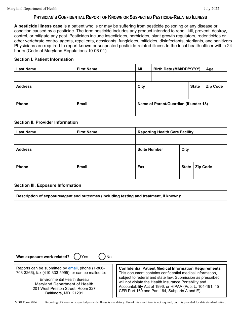 MDH Form 5004 Physicians Confidential Report of Known or Suspected Pesticide-Related Illness - Maryland, Page 1