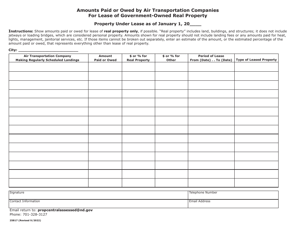 Form 25817 Amounts Paid or Owed by Air Transportation Companies for Lease of Government-Owned Real Property - North Dakota, Page 1