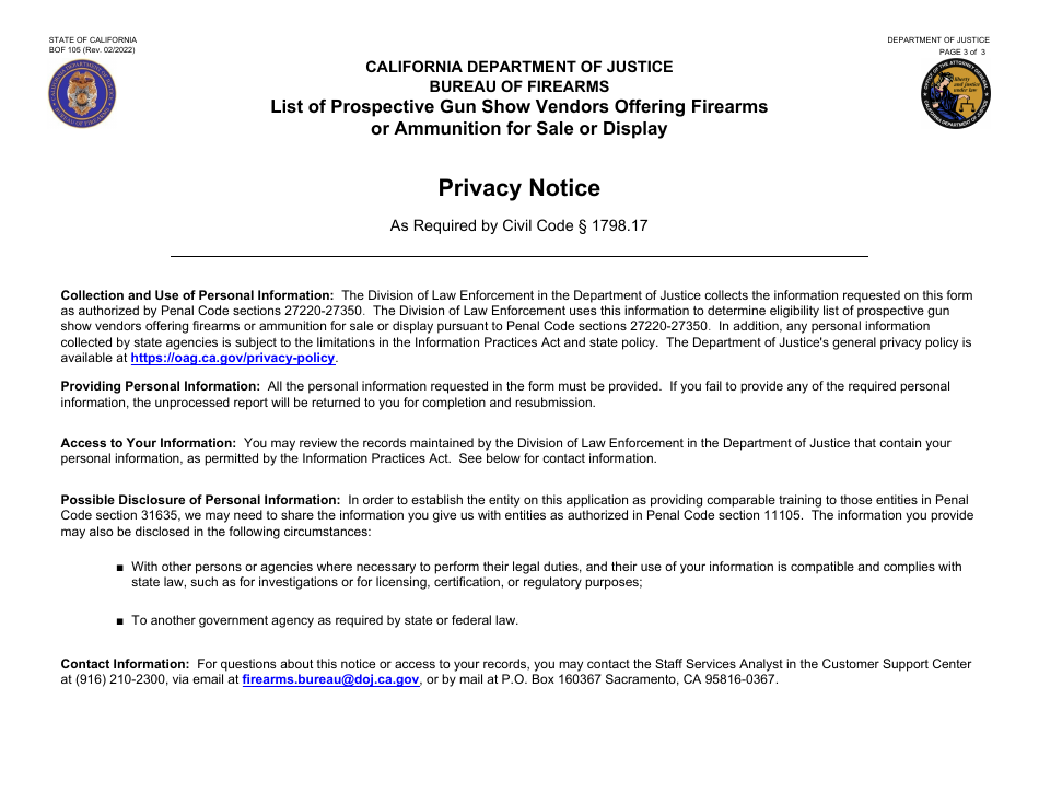 Form BOF105 List of Prospective Gun Show Vendors Offering Firearms or Ammunition for Sale or Display - California, Page 3