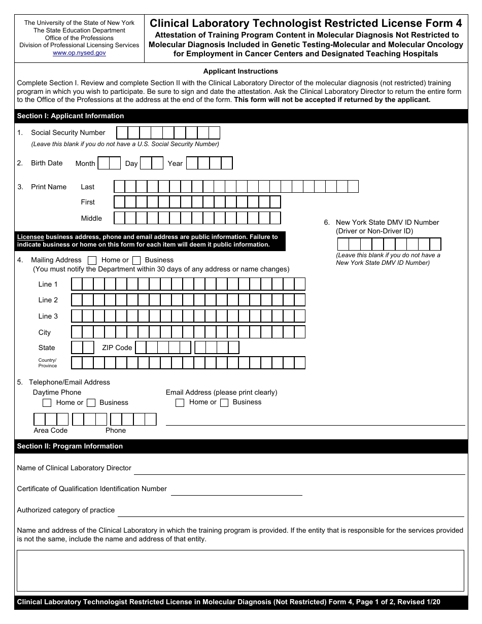 Clinical Laboratory Technologist Form 4 Attestation of Training Program Content in Molecular Diagnosis Not Restricted to Molecular Diagnosis Included in Genetic Testing-Molecular and Molecular Oncology for Employment in Cancer Centers and Designated Teaching Hospitals - New York, Page 1