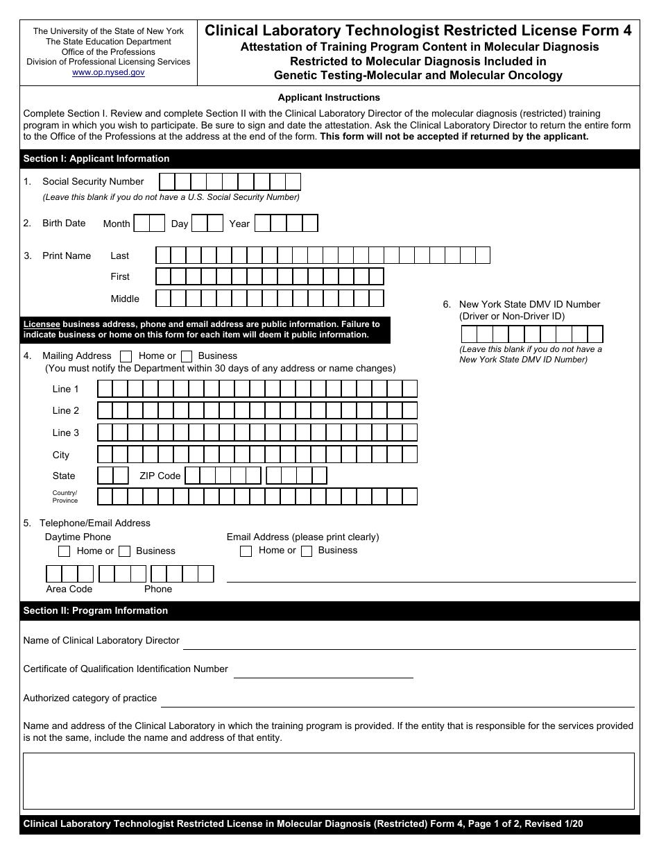 Clinical Laboratory Technologist Form 4 Attestation of Training Program Content in Molecular Diagnosis Restricted to Molecular Diagnosis Included in Genetic Testing-Molecular and Molecular Oncology - New York, Page 1