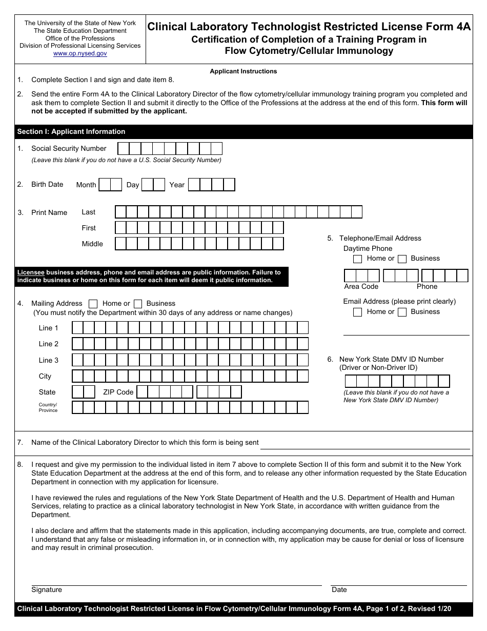 Clinical Laboratory Technologist Form 4A Certification of Completion of a Training Program in Flow Cytometry / Cellular Immunology - New York, Page 1