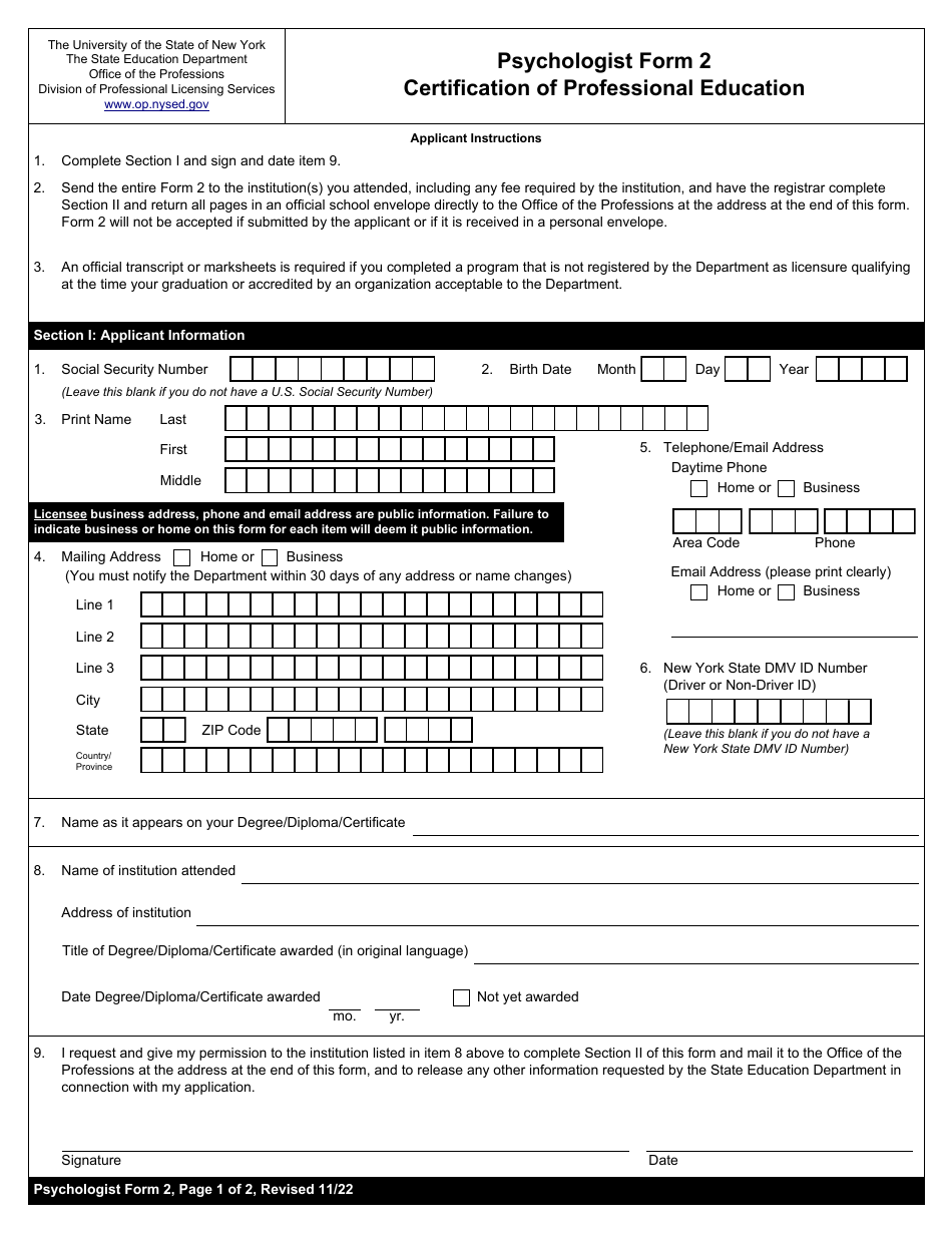 Psychologist Form 2 Certification of Professional Education - New York, Page 1