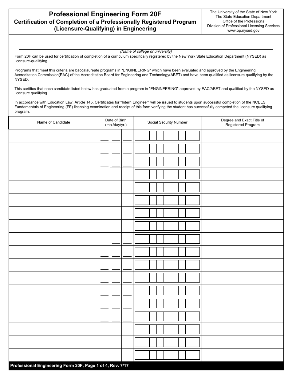 Professional Engineering Form 20F Certification of Completion of a Professionally Registered Program (Licensure-Qualifying) in Engineering - New York, Page 1