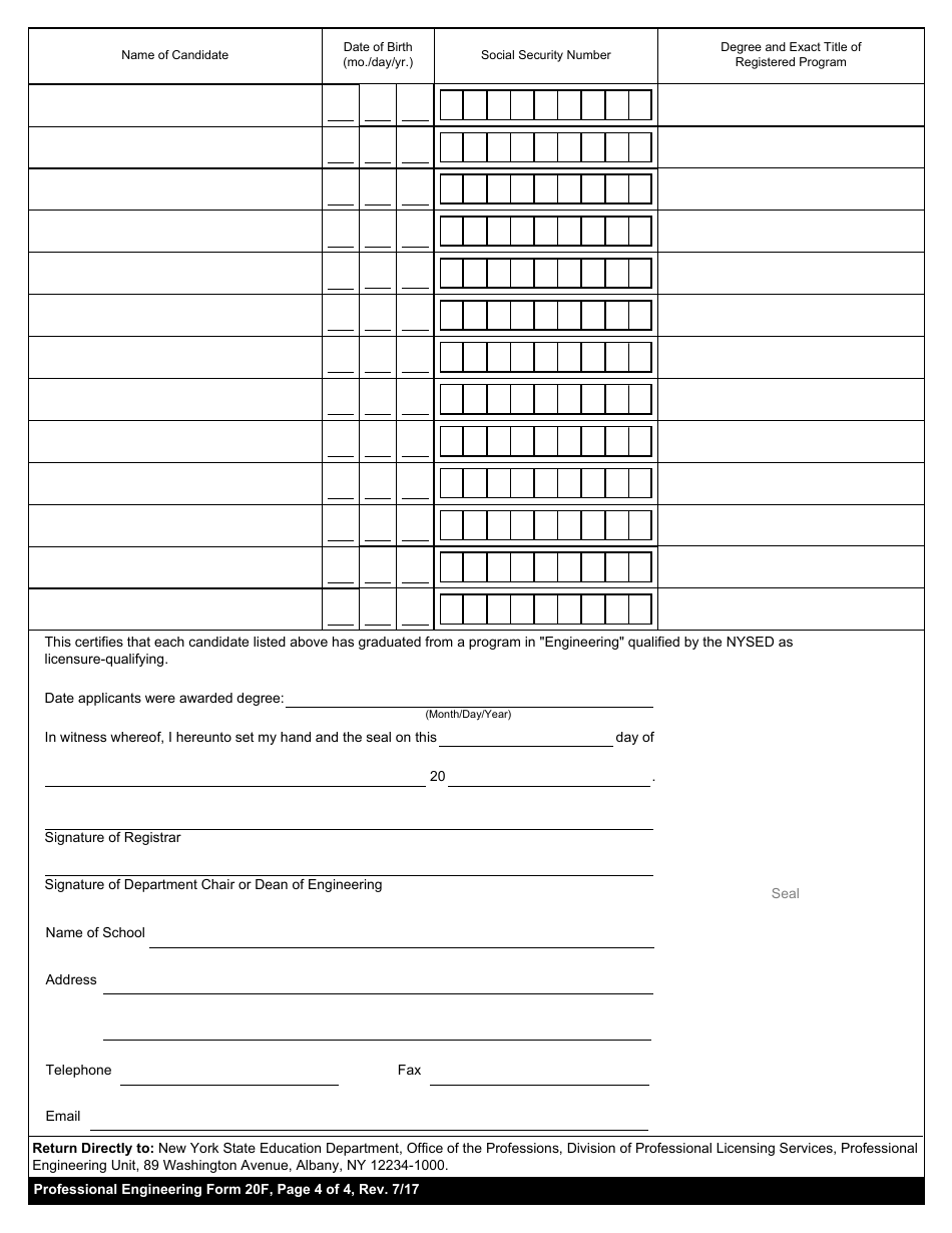 Professional Engineering Form 20F Certification of Completion of a Professionally Registered Program (Licensure-Qualifying) in Engineering - New York, Page 4