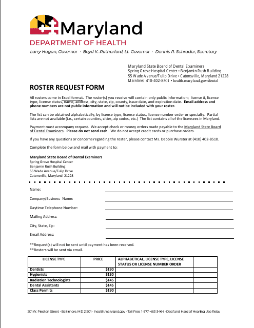 Roster Request Form - Maryland Download Pdf