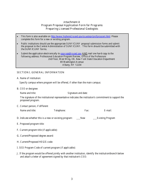 Attachment A Program Proposal Application Form for Programs Preparing Licensed Professional Geologists - New York
