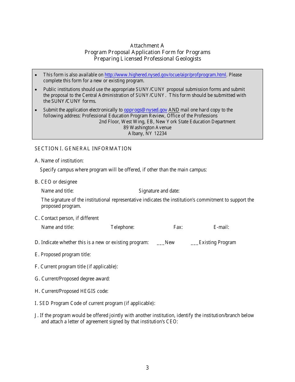 Attachment A Program Proposal Application Form for Programs Preparing Licensed Professional Geologists - New York, Page 1
