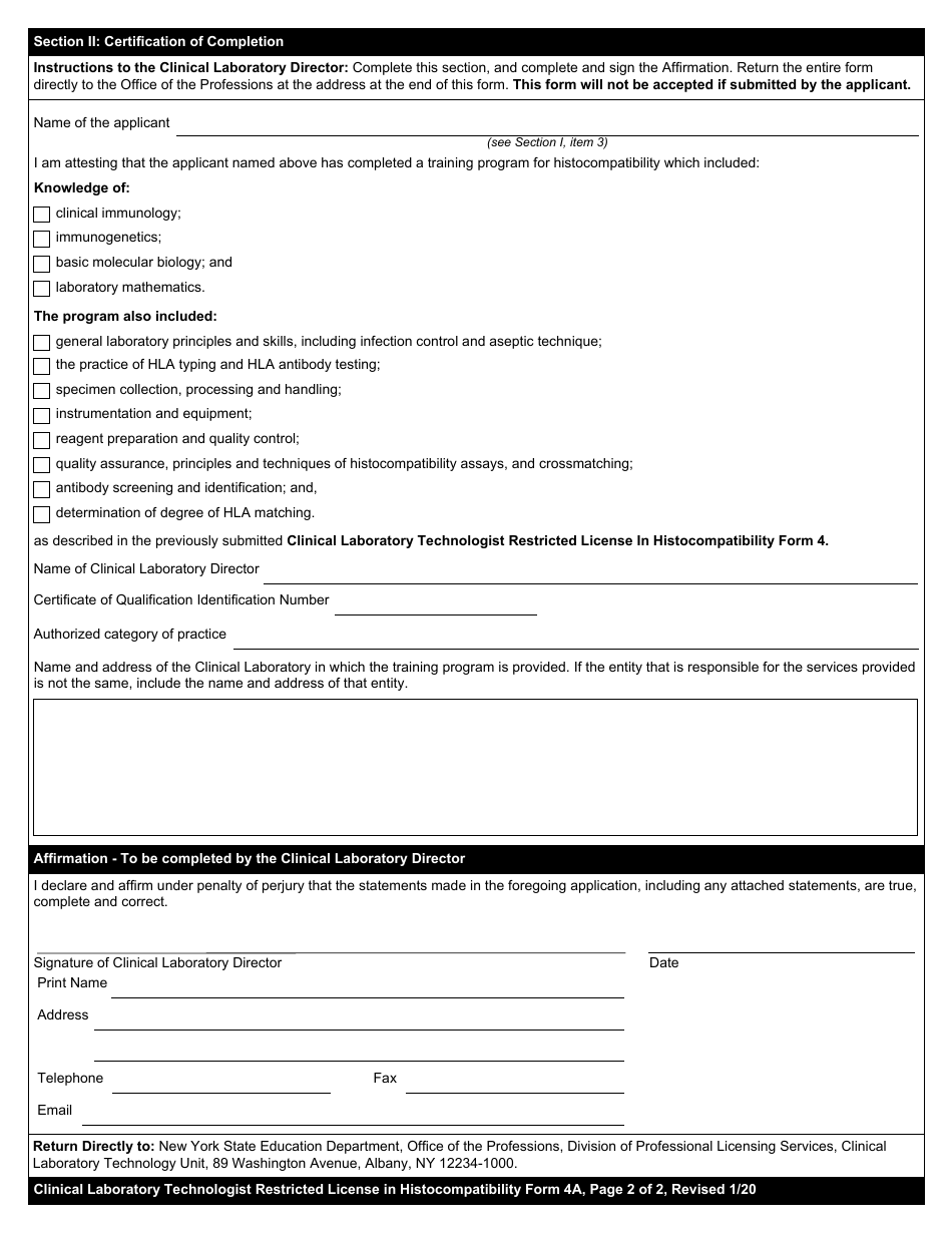 Clinical Laboratory Technologist Form 4A Certification of Completion of a Training Program in Histocompatibility - New York, Page 2
