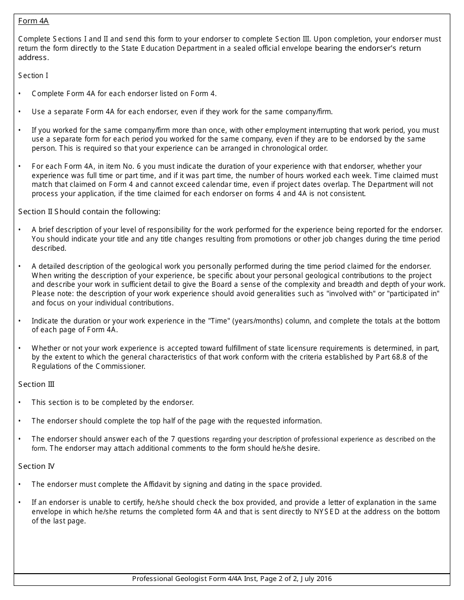Instructions for Professional Geologist Form 4, Professional Geologist Form 4A - New York, Page 2