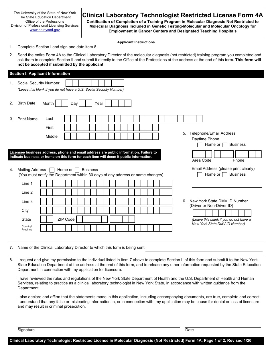 Clinical Laboratory Technologist Form 4A Certification of Completion of a Training Program in Molecular Diagnosis Not Restricted to Molecular Diagnosis Included in Genetic Testing-Molecular and Molecular Oncology for Employment in Cancer Centers and Designated Teaching Hospitals - New York, Page 1