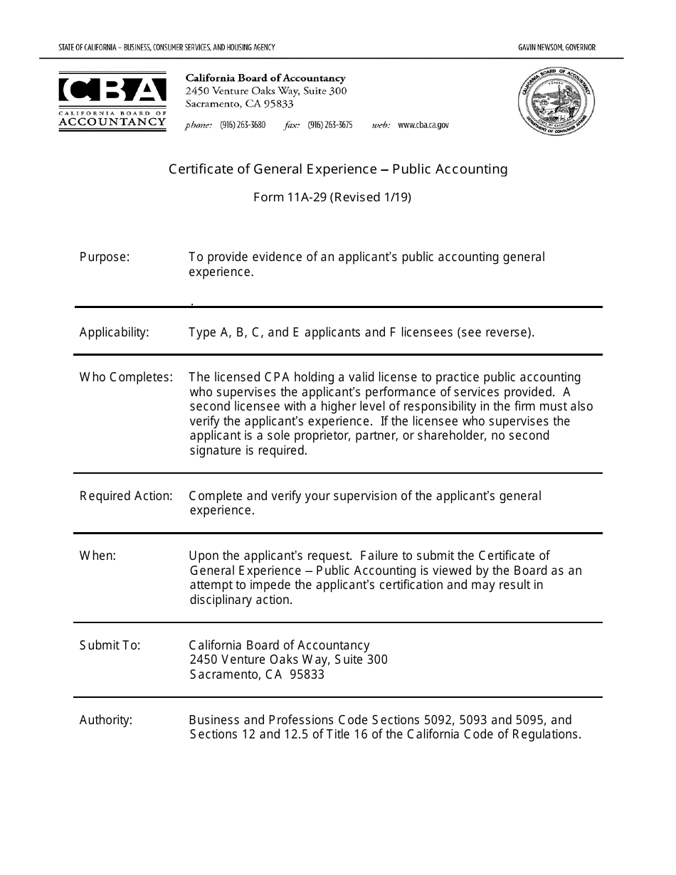 Form 11A-29 Certificate of General Experience (Public Accounting) - California, Page 1