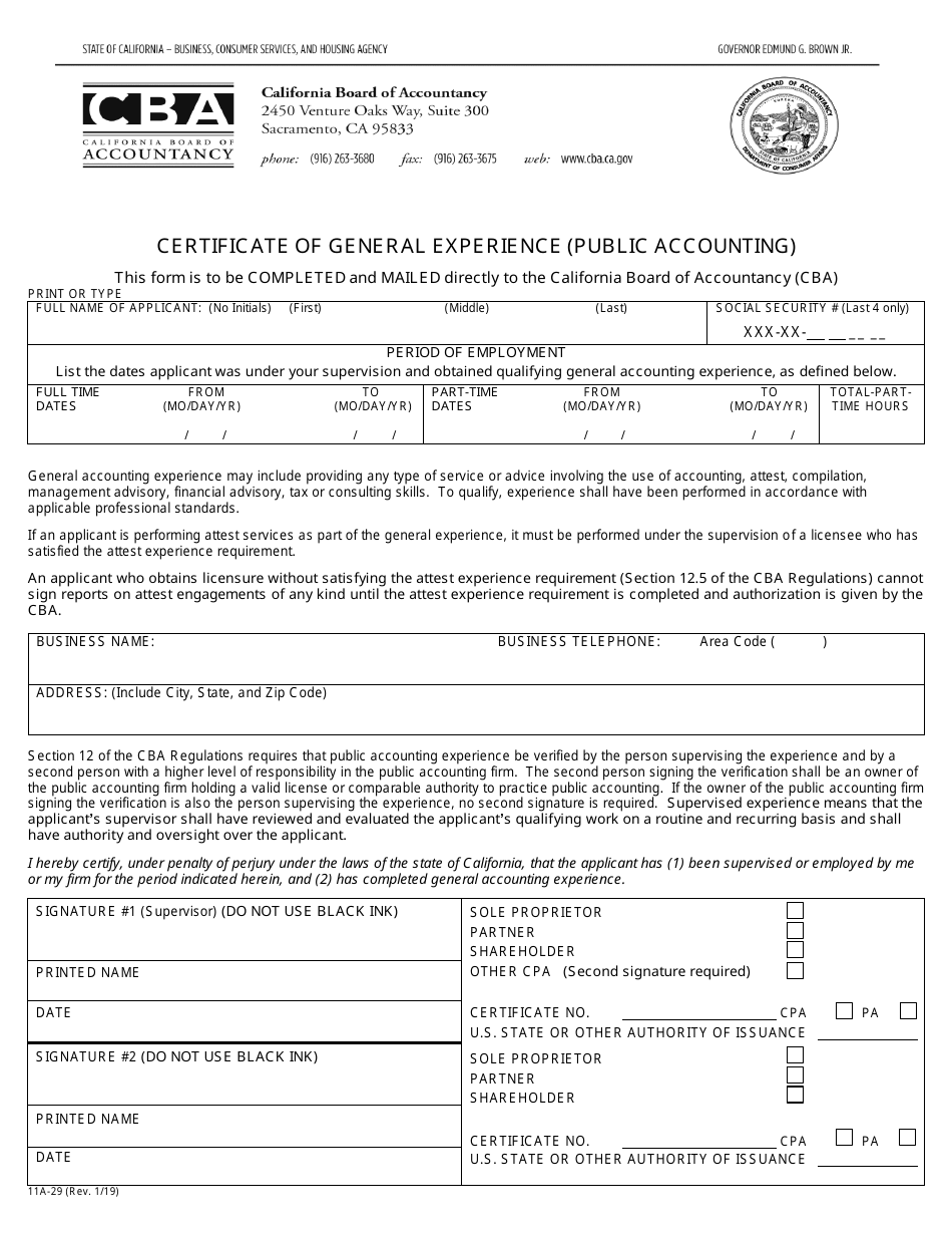 Form 11A-29 Certificate of General Experience (Public Accounting) - California, Page 3