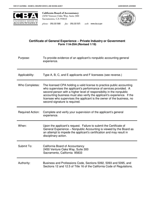 Form 11A-29A Certificate of General Experience (Private Industry or Government) - California