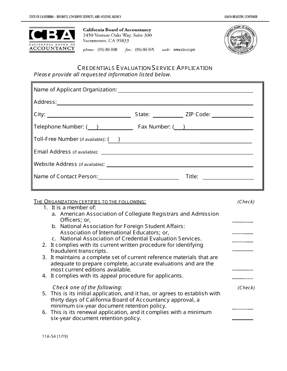 Form 11A-54 Credentials Evaluation Service Application - California, Page 1