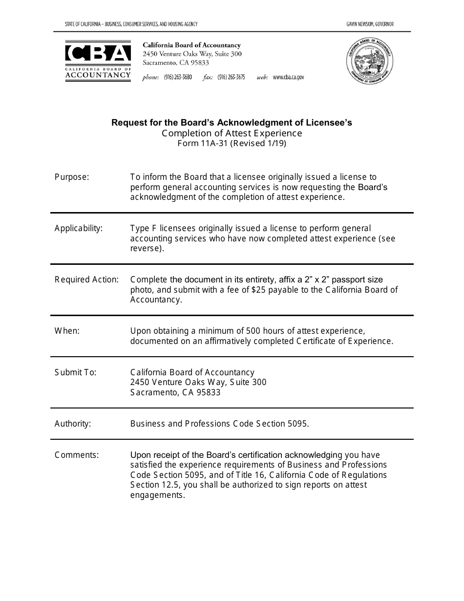 Form 11A-31 Request for the Boards Acknowledgment of Licensees Completion of Attest Experience - California, Page 1