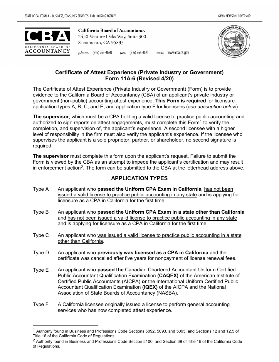 Form 11A-6 Certificate of Attest Experience (Private Industry or Government) - California, Page 1