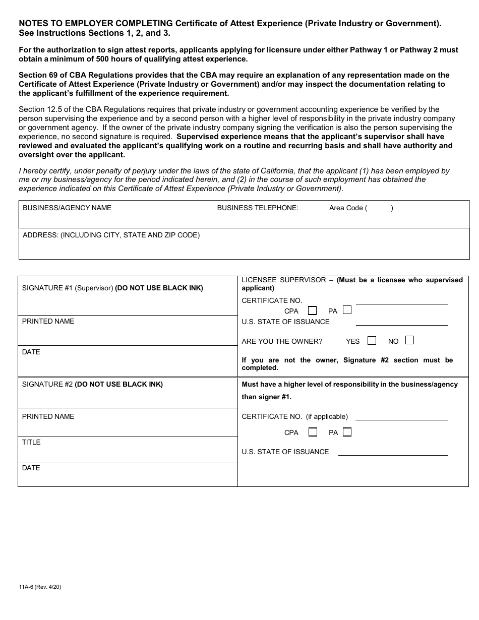 Form 11A-6 Certificate of Attest Experience (Private Industry or Government) - California, Page 3