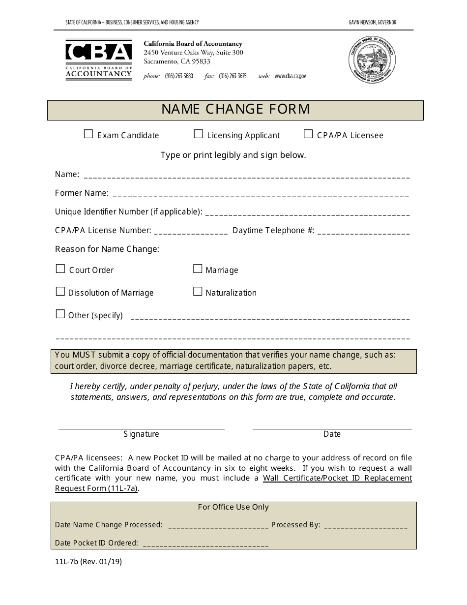 Form 11L-7B Name Change Form - California, Page 1