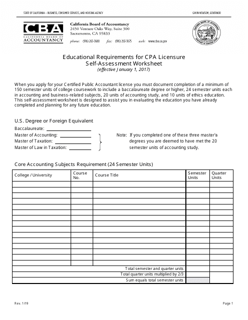 Educational Requirements for CPA Licensure Self-assessment Worksheet - California Download Pdf