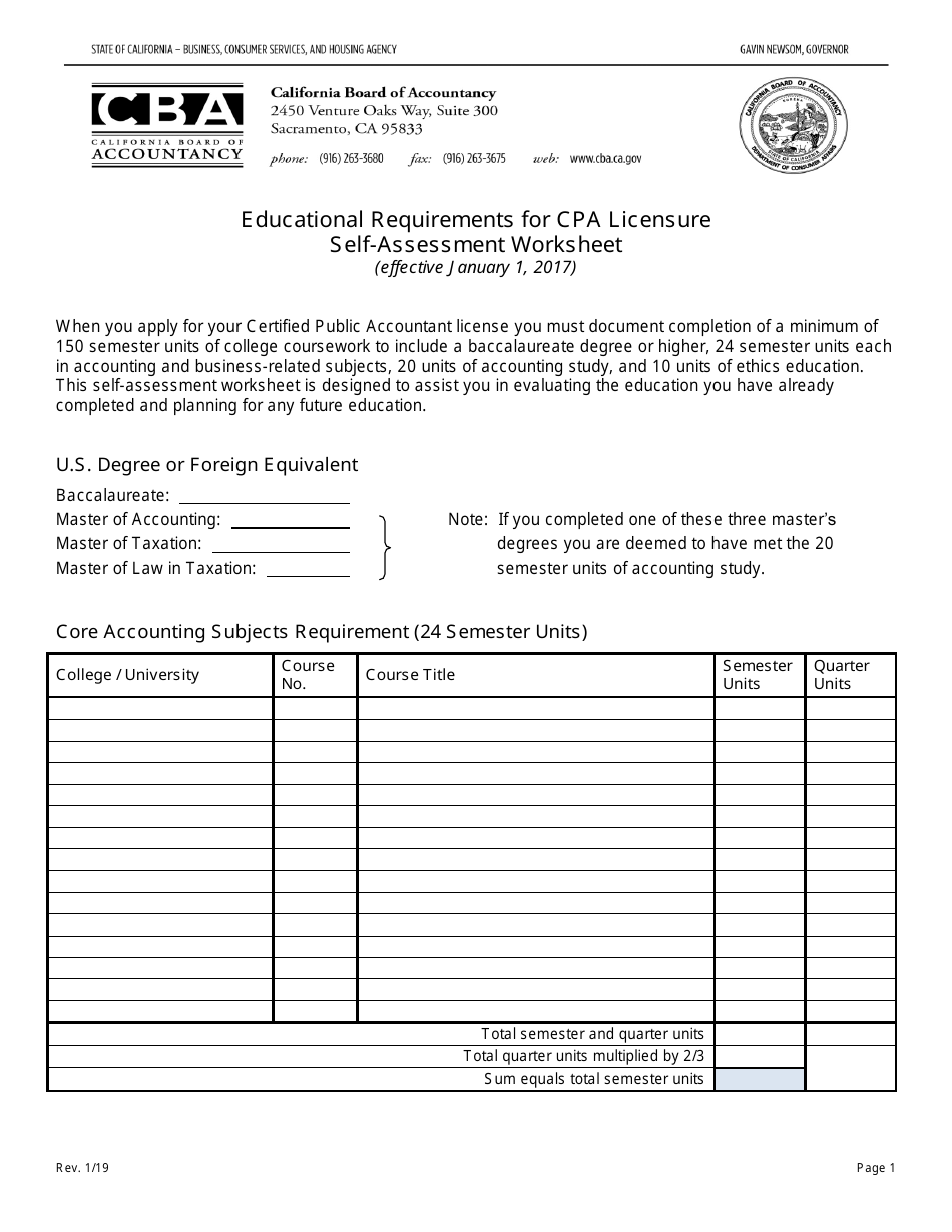 Educational Requirements for CPA Licensure Self-assessment Worksheet - California, Page 1