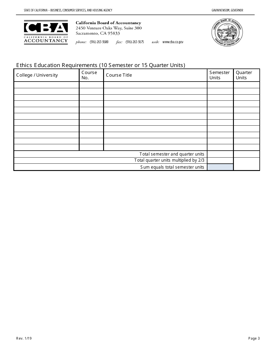 Educational Requirements for CPA Licensure Self-assessment Worksheet - California, Page 3