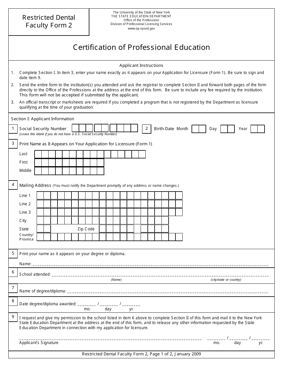Restricted Dental Faculty Form 2 Certification of Professional Education - New York, Page 1